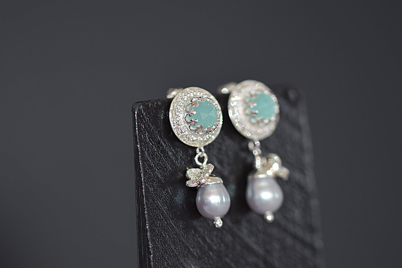 Aqua Chalcedony & Pearl Butterfly Earrings Hung