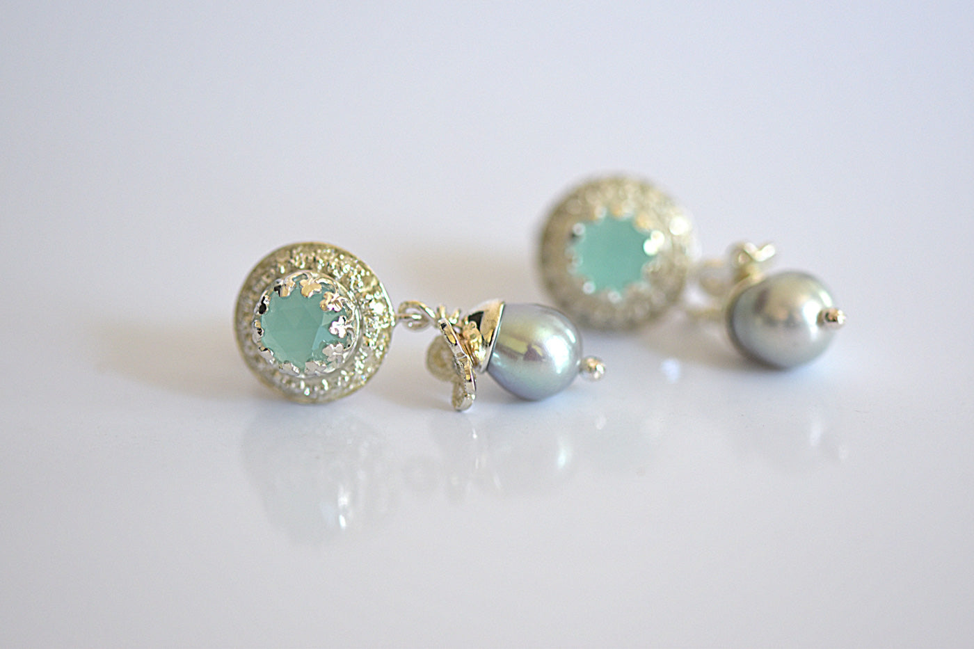 Aqua Chalcedony & Pearl Butterfly Earrings Front