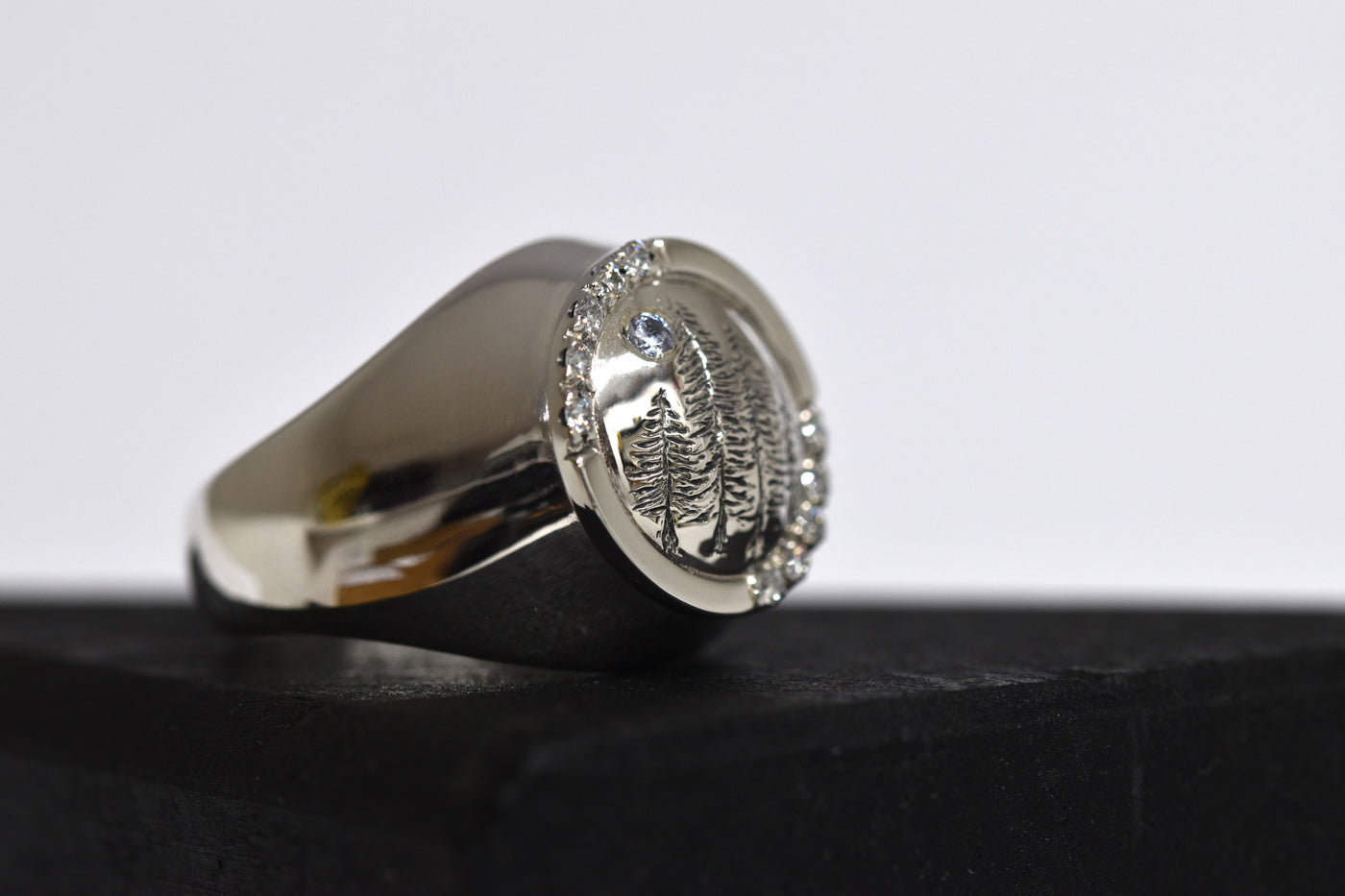 Forest for the Trees Engraved Silver Signet Ring Side View