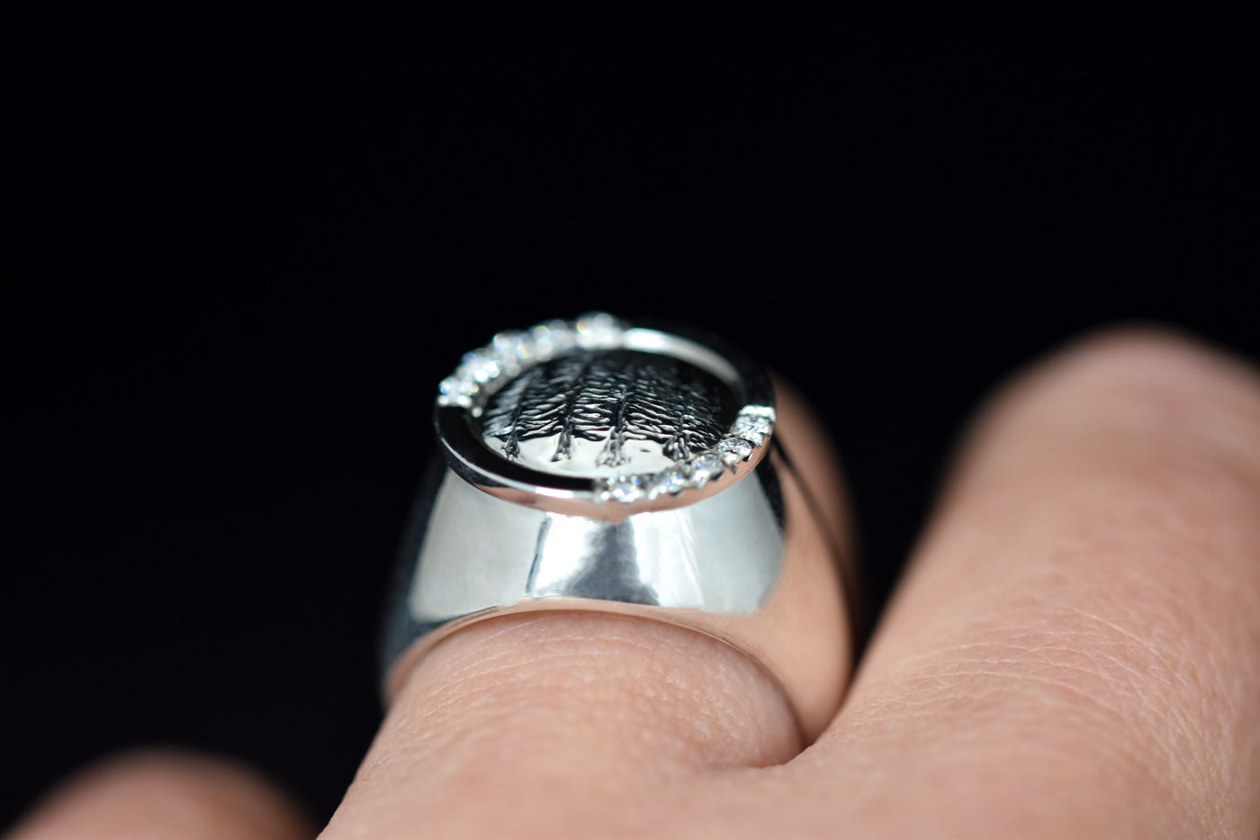 Forest for the Trees Engraved Silver Signet Ring Worn Side View