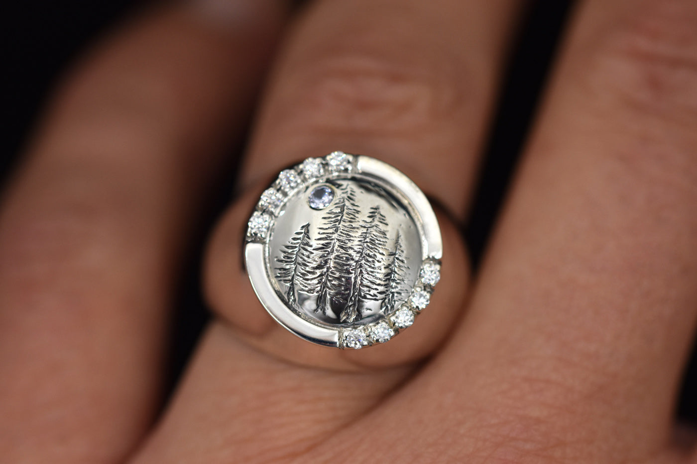Forest for the Trees Engraved Silver Signet Ring Worn Top View