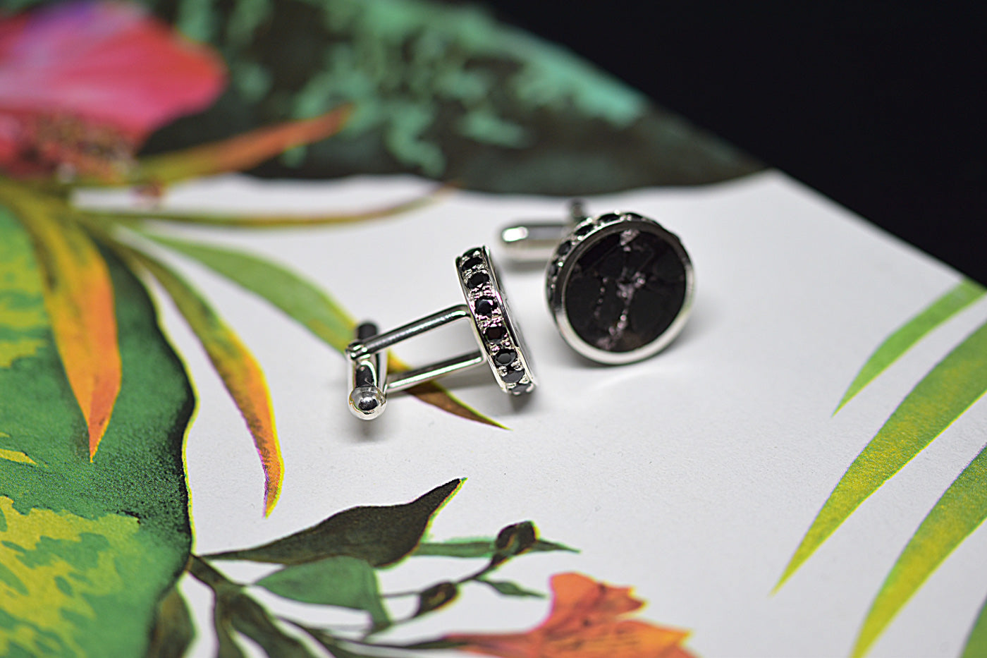 Black Onyx & Swarovski Inlay Cuff Links Floral Background
