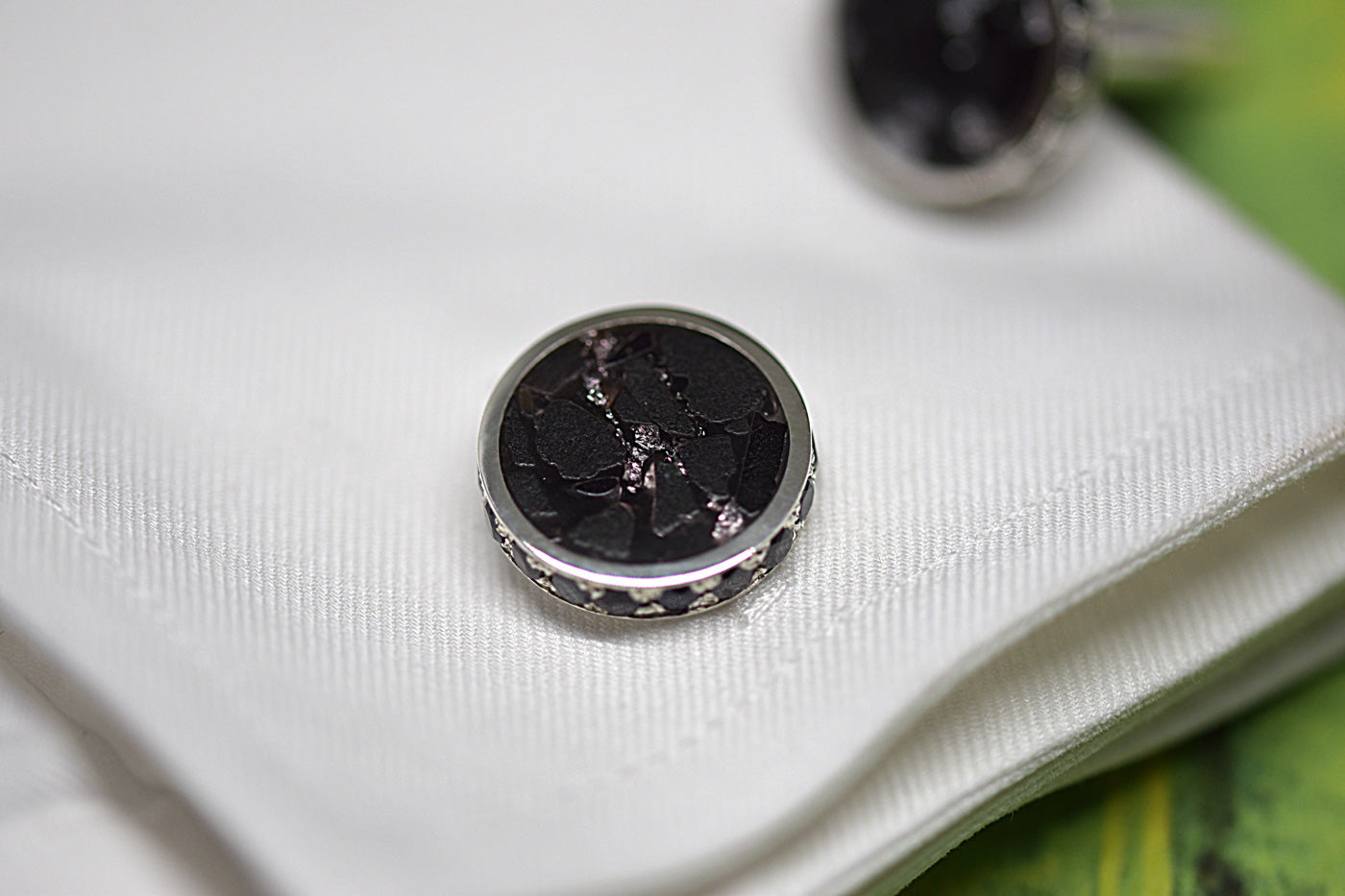 Black Onyx & Swarovski Inlay Cuff Links in Shirt Cuff