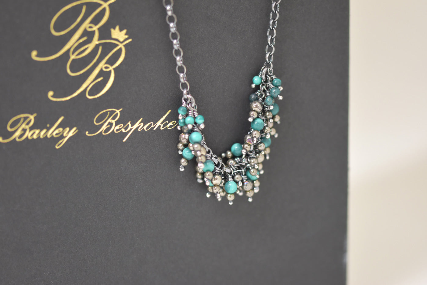 Malachite and Pyrite Fringe Necklace Front View