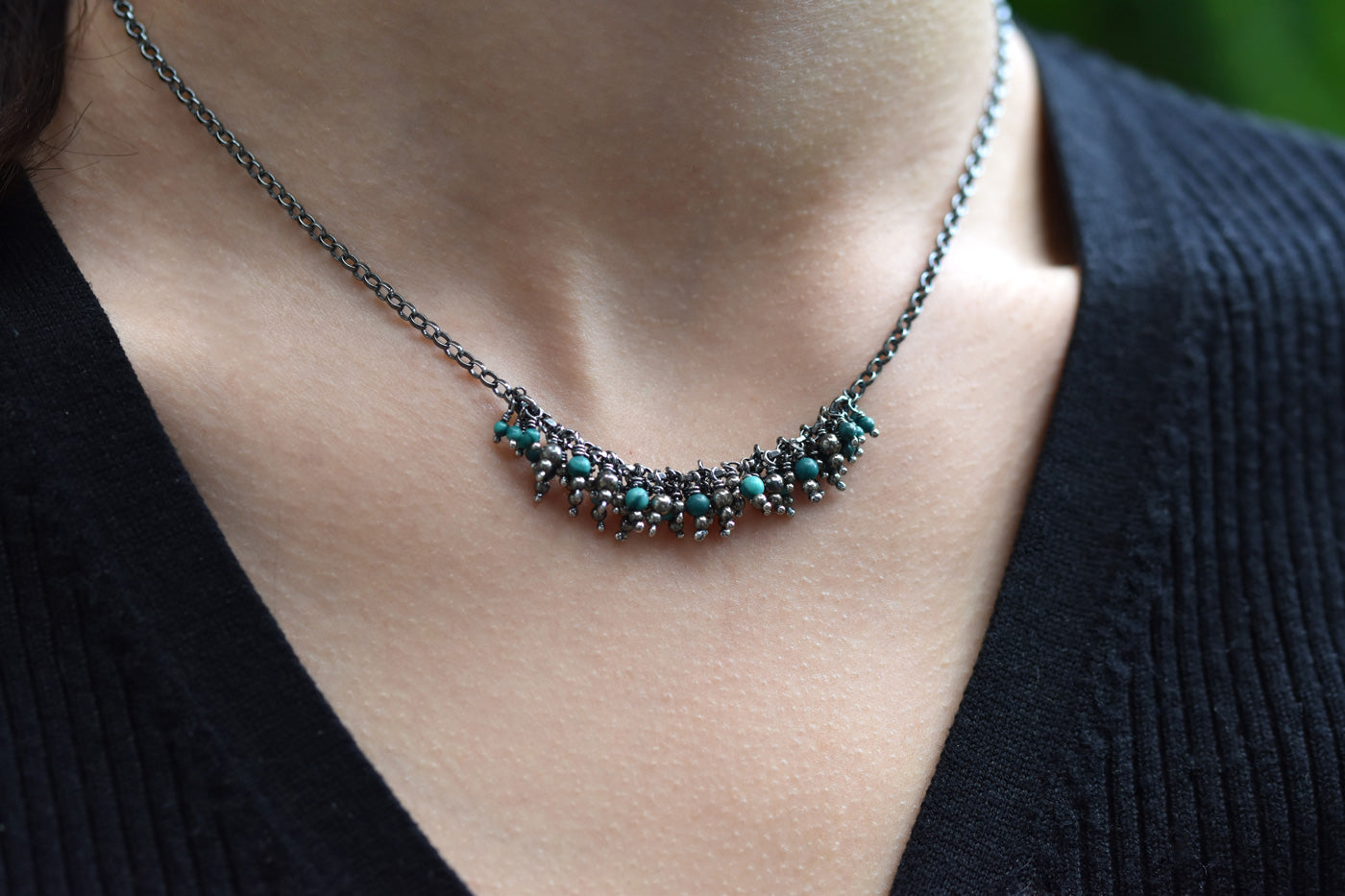 Malachite and Pyrite Fringe Necklace Worn