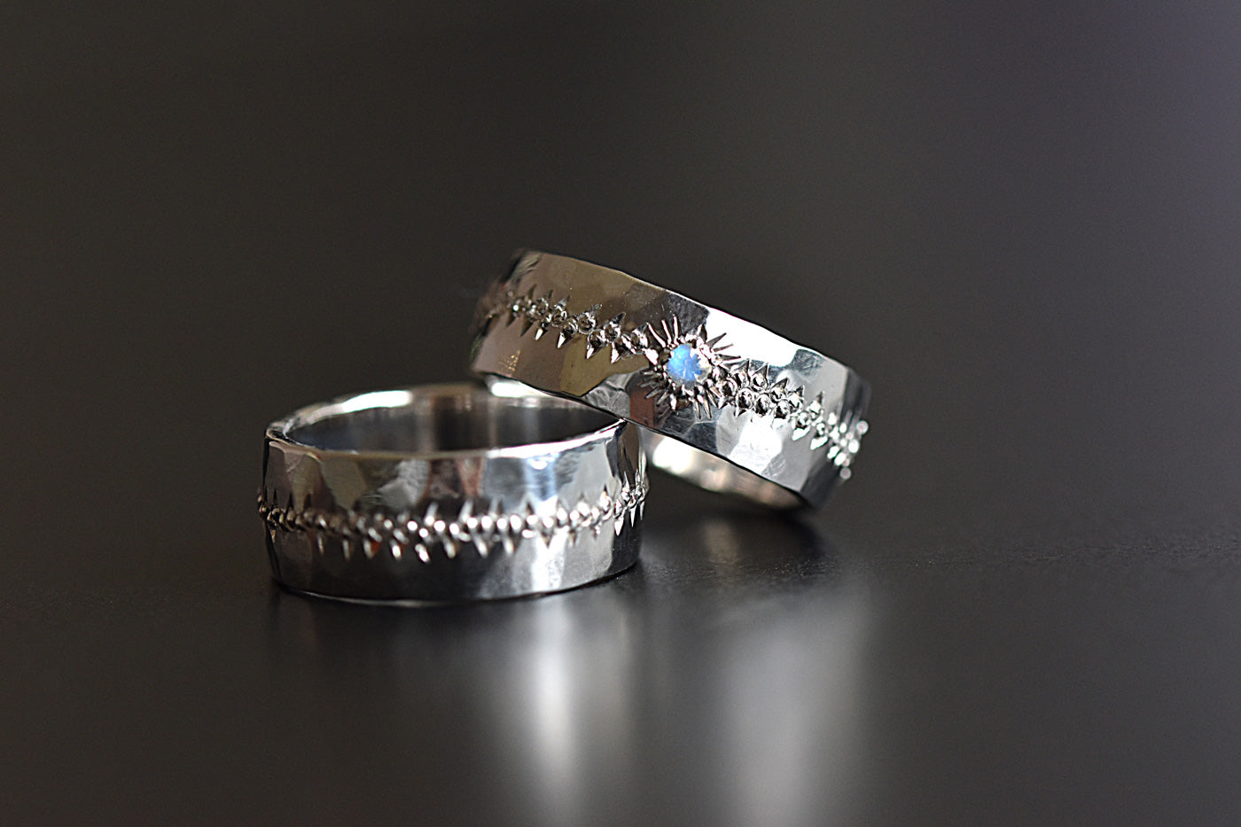 Matching Moonstone Engraved Wedding Rings