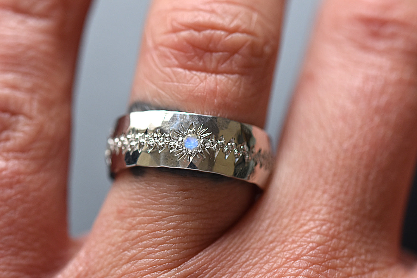 Matching Moonstone Engraved Wedding Rings Worn