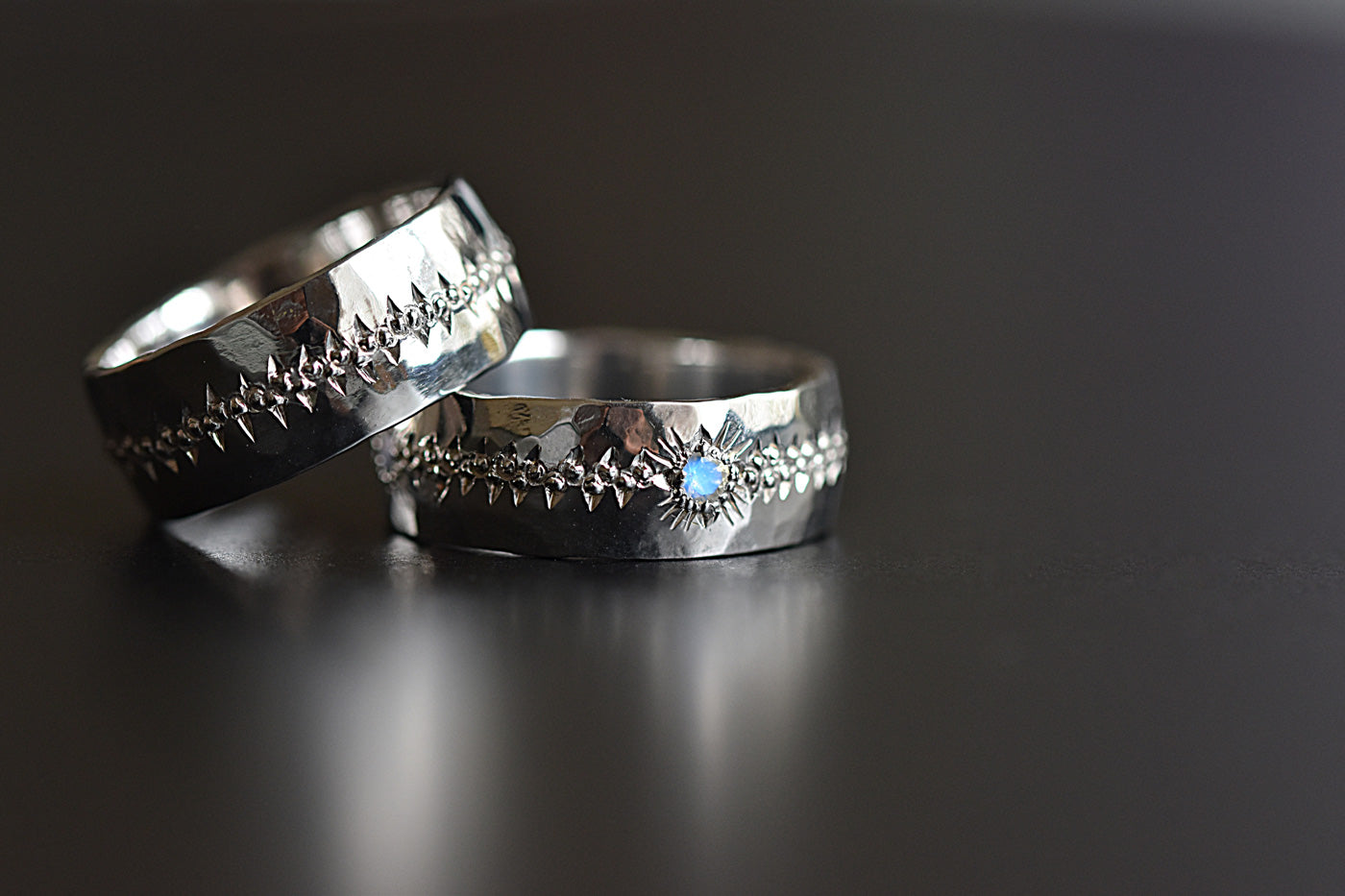 Matching Moonstone Engraved Wedding Rings Stacked