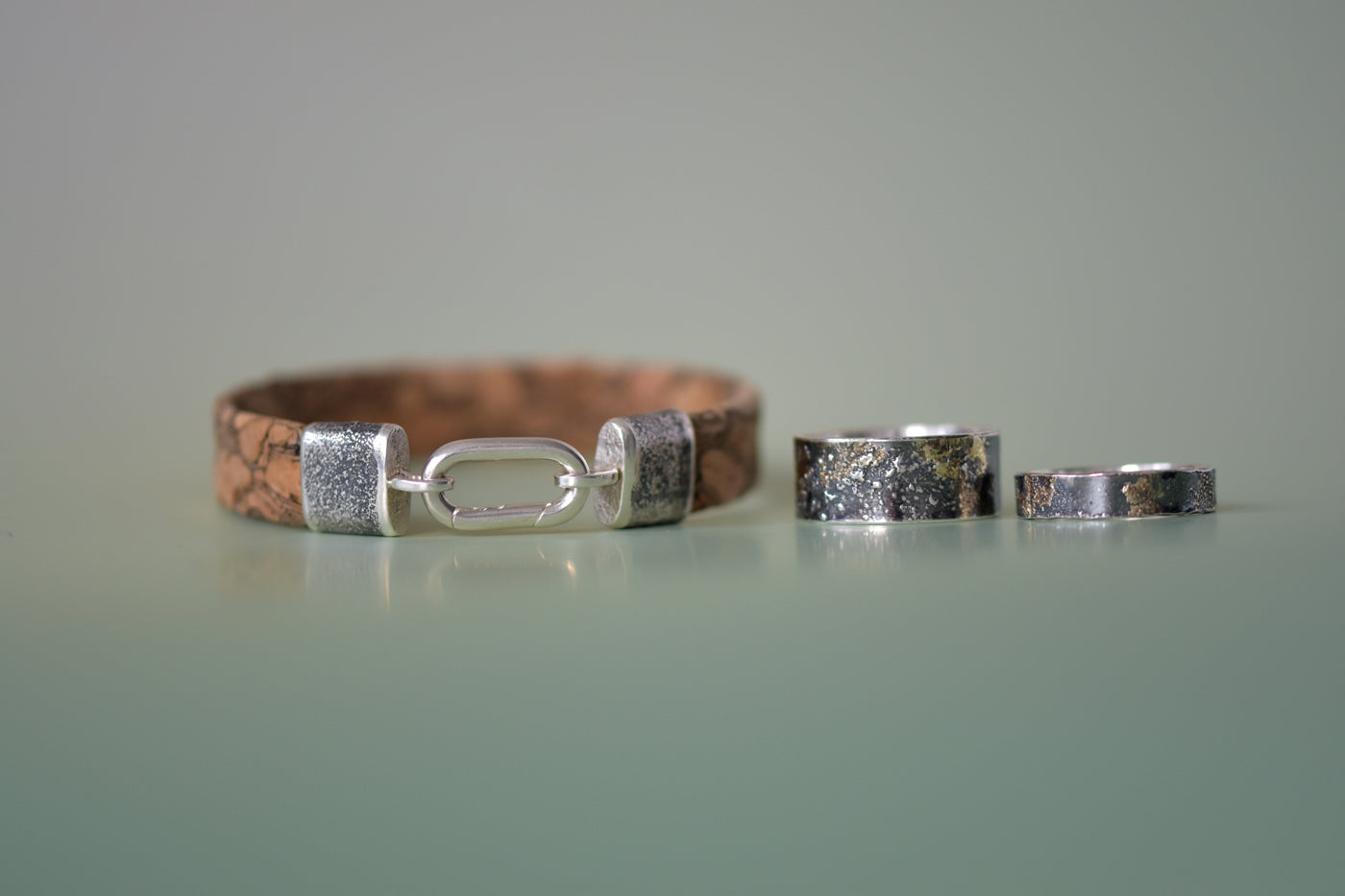 Molten 18ct Gold and Sterling Silver Rings with Cork Bracelet