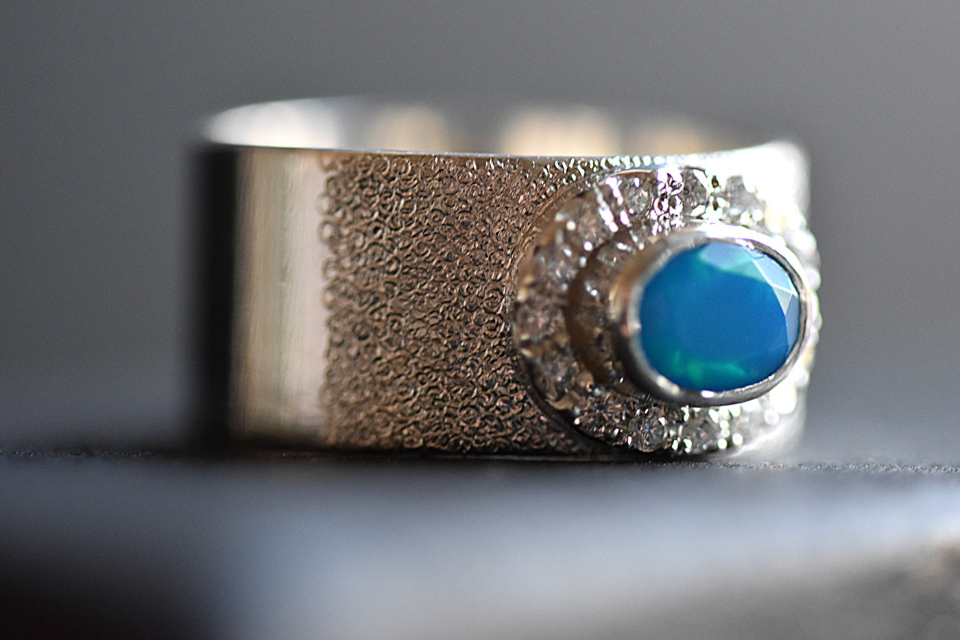 Paraiba Opal & Moissanite Diamond Ring Close Up