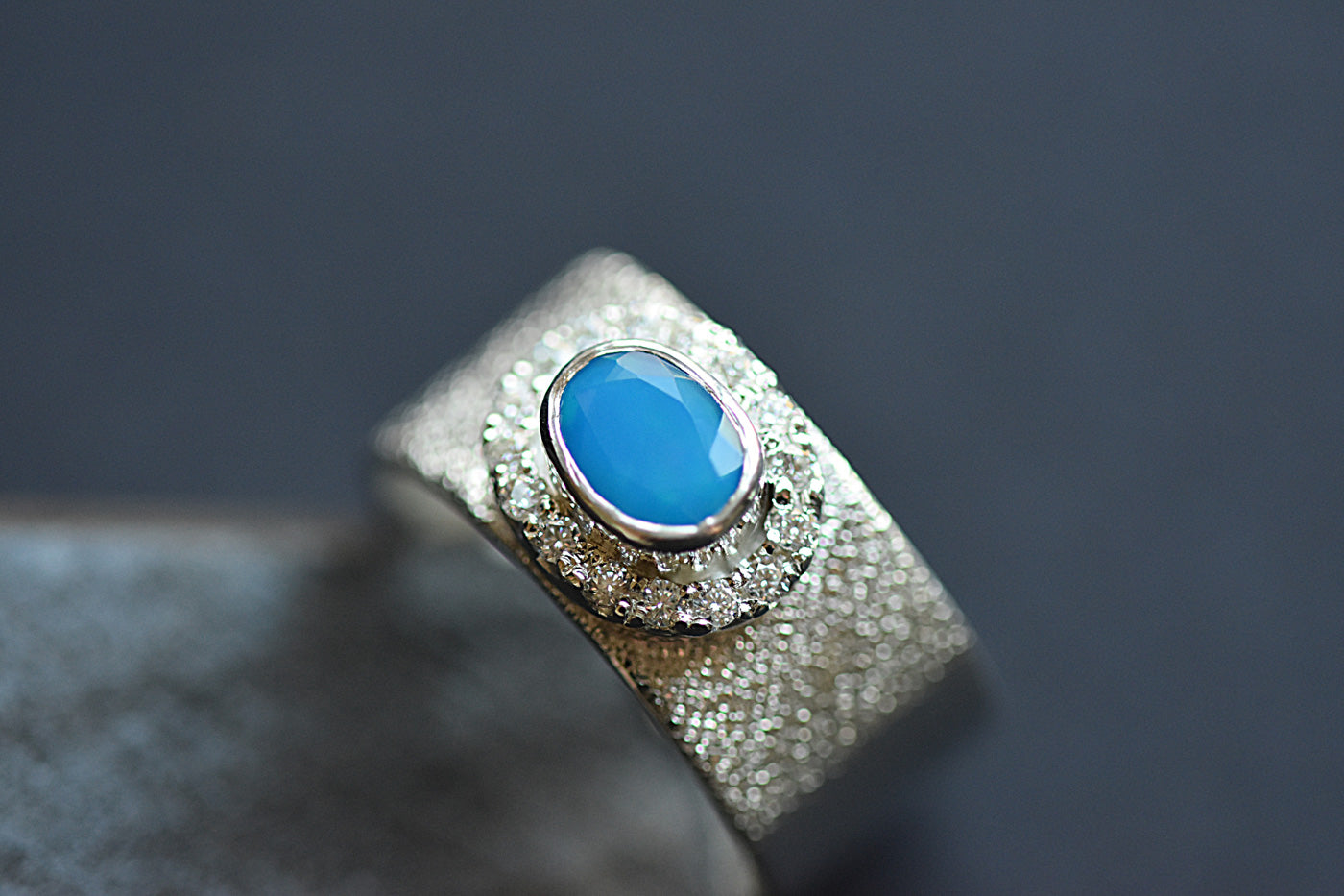 Paraiba Opal & Moissanite Diamond Ring Displayed