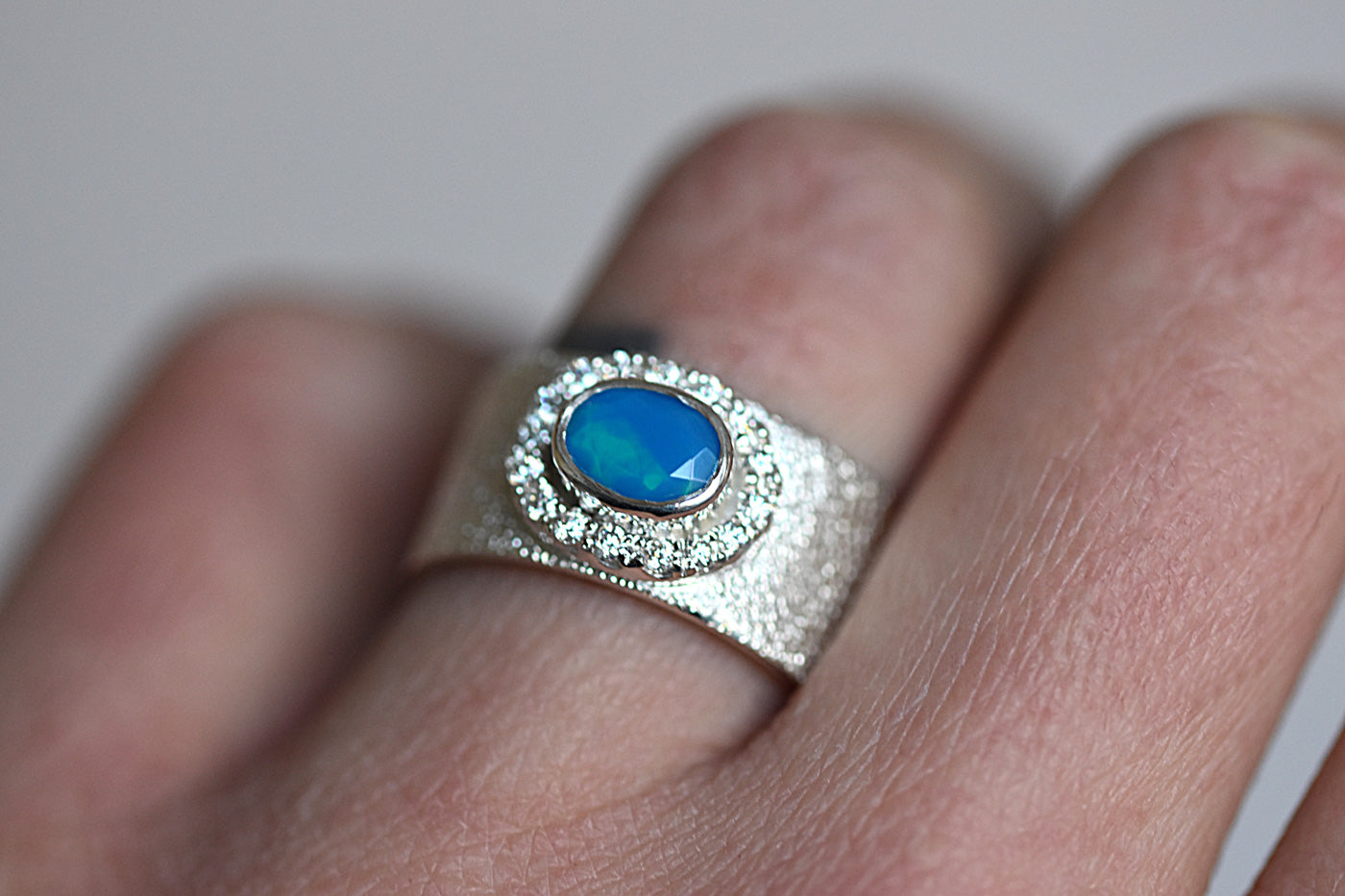 Paraiba Opal & Moissanite Diamond Ring Worn