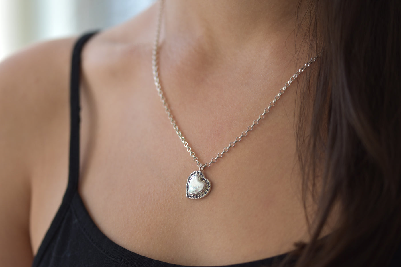 Pearl Heart and Sapphire Pendant Worn