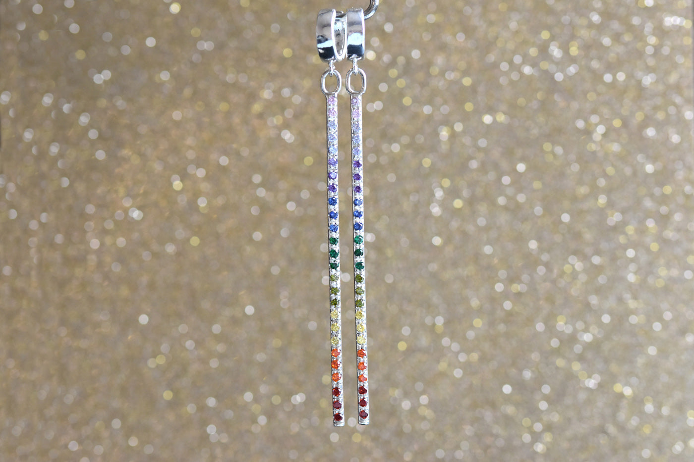 Sterling Silver Rainbow Bar Huggie Hoops Hung