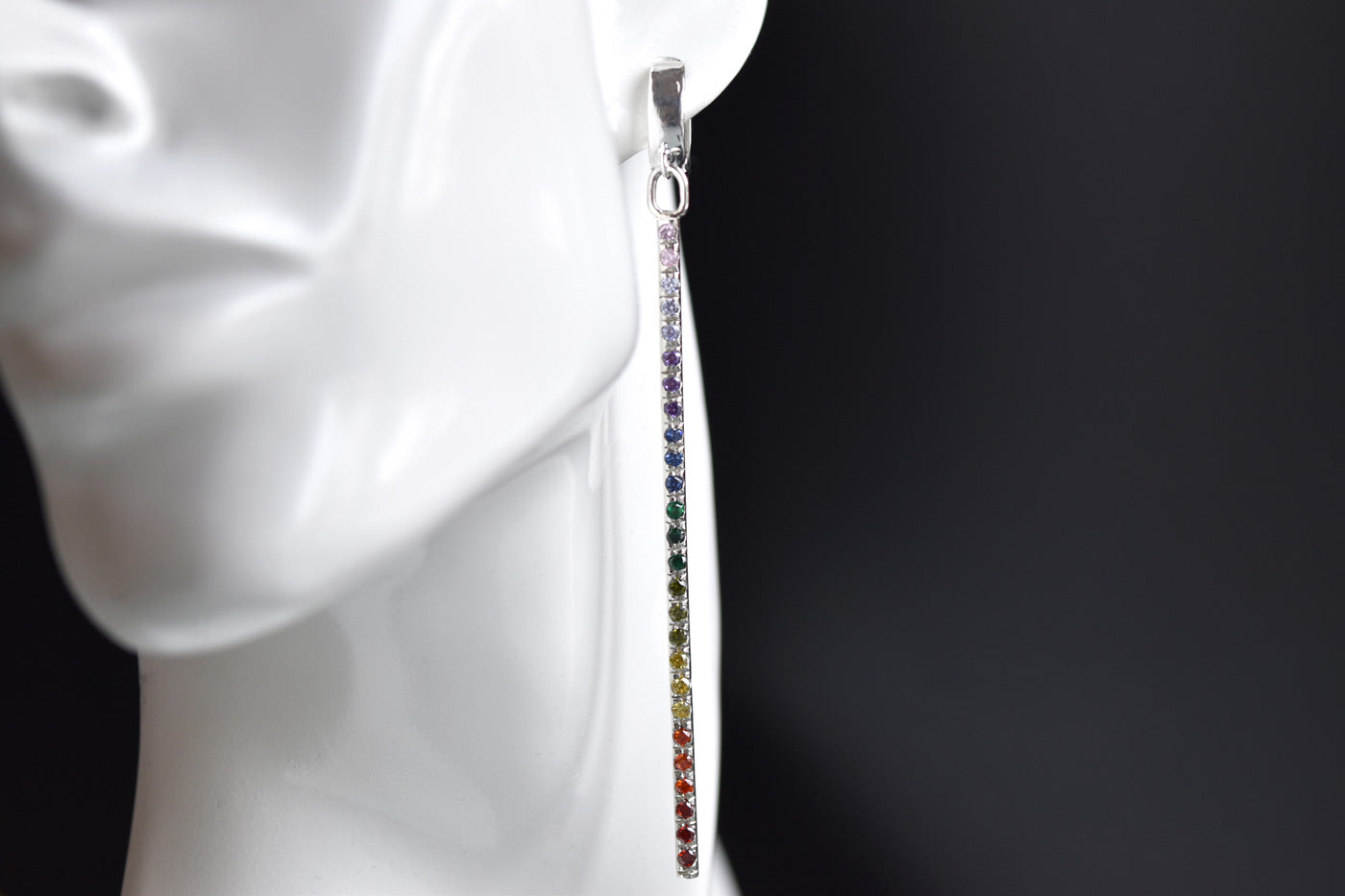 Sterling Silver Rainbow Bar Huggie Hoops Worn