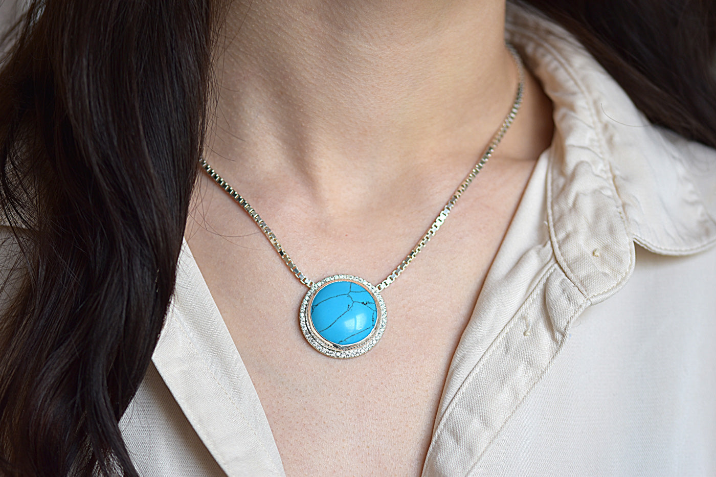 Round Turquoise Halo Necklace Worn