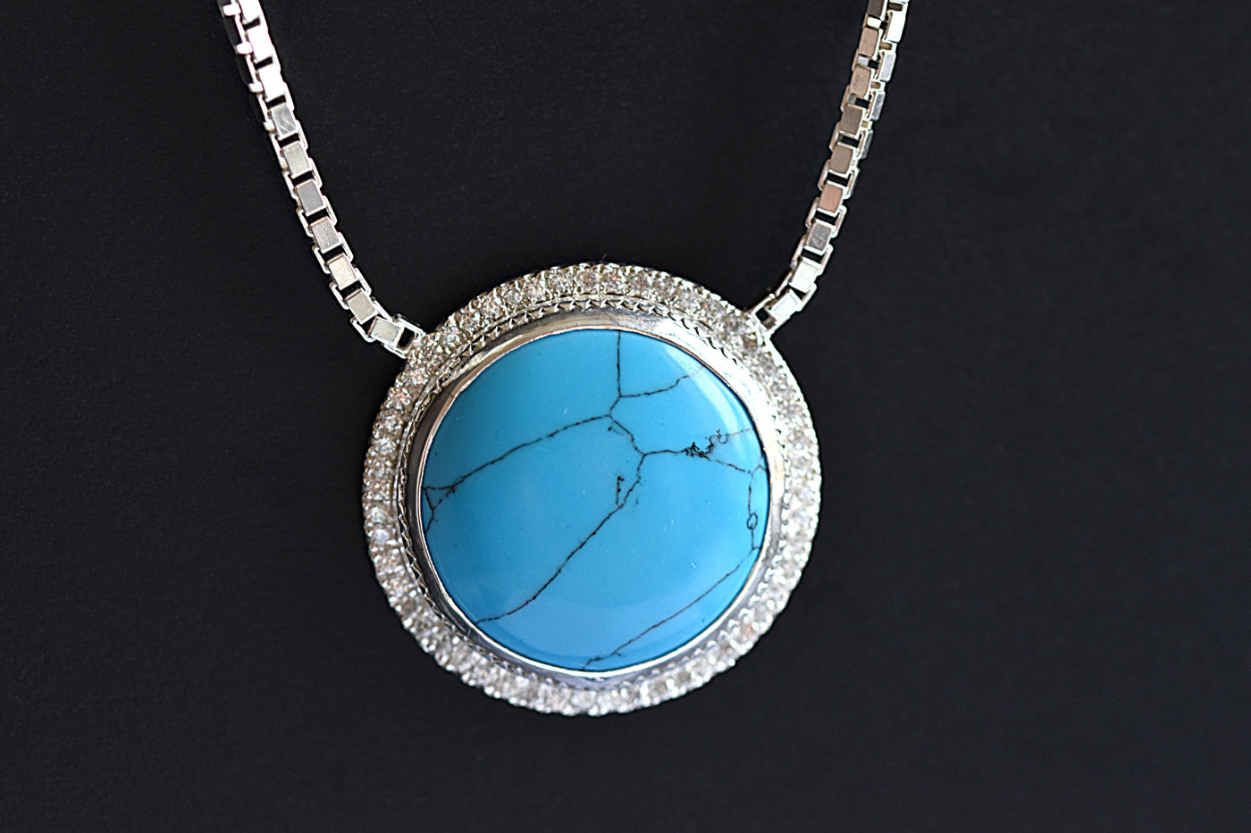 Round Turquoise Halo Necklace Hung