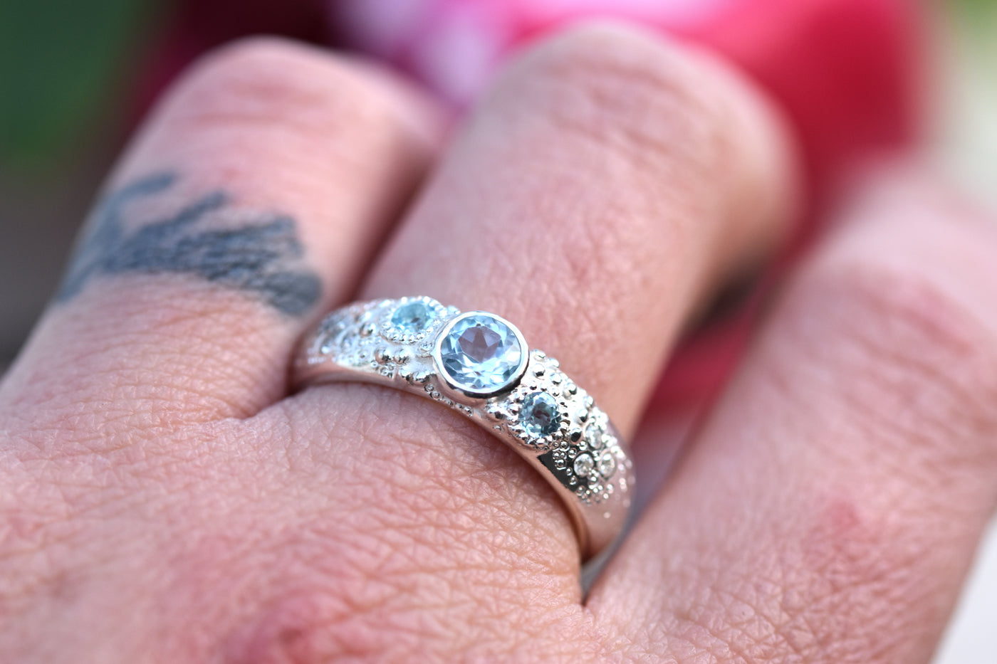 Blue Topaz Sirens Ring Worn