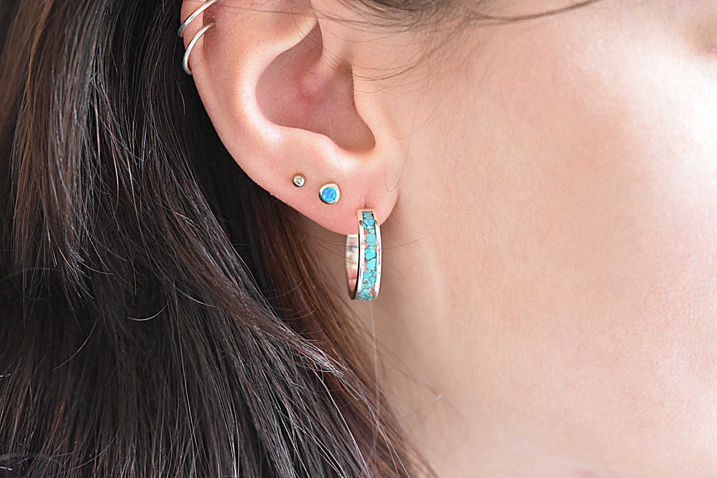 Sterling Silver Turquoise Inlay Hoop Earrings Worn