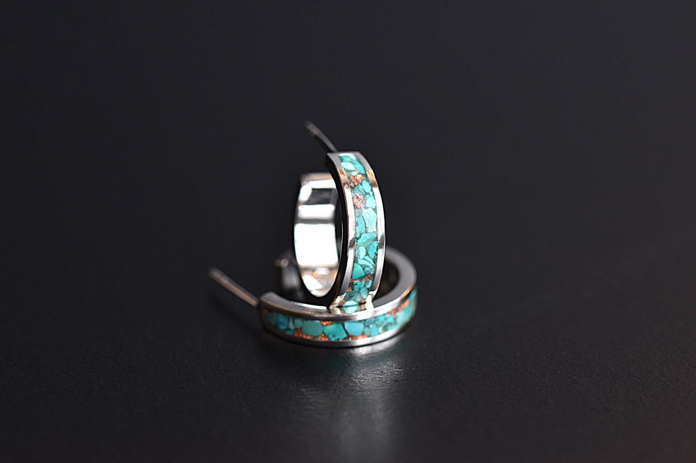 Sterling Silver Turquoise Inlay Hoop Earrings Stood Up