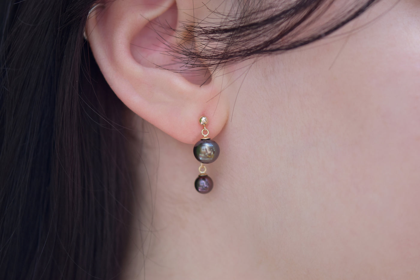 Black Pearl Front Back Earrings Worn