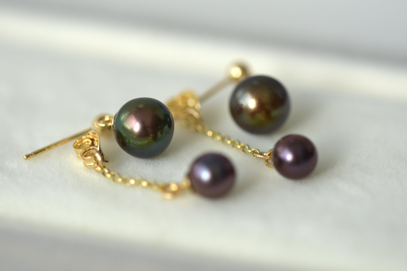 Black Pearl Front Back Earrings Displayed