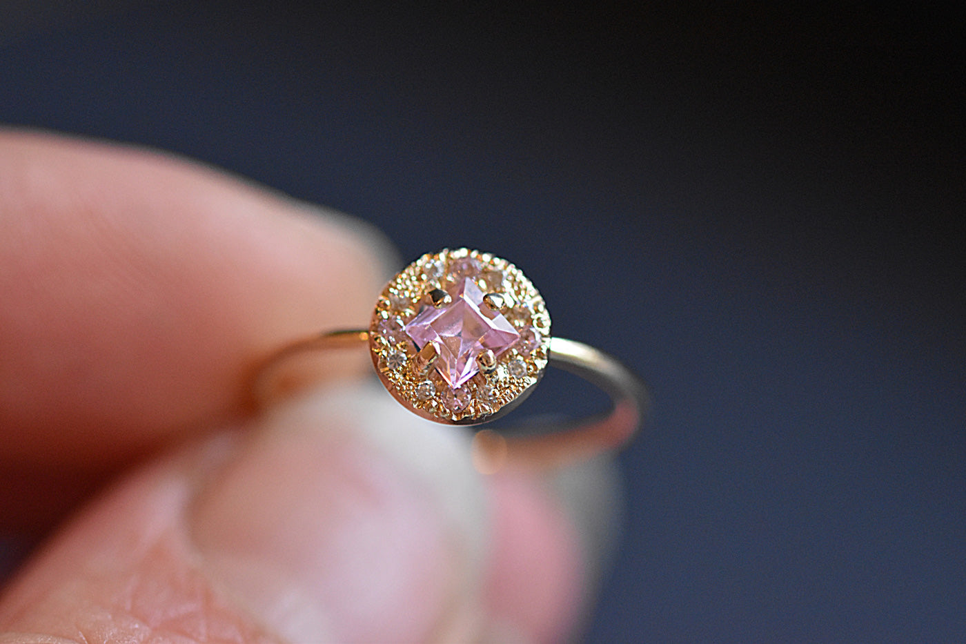 Princess Cut Pink Topaz Swarovski Gold Ring in Hand